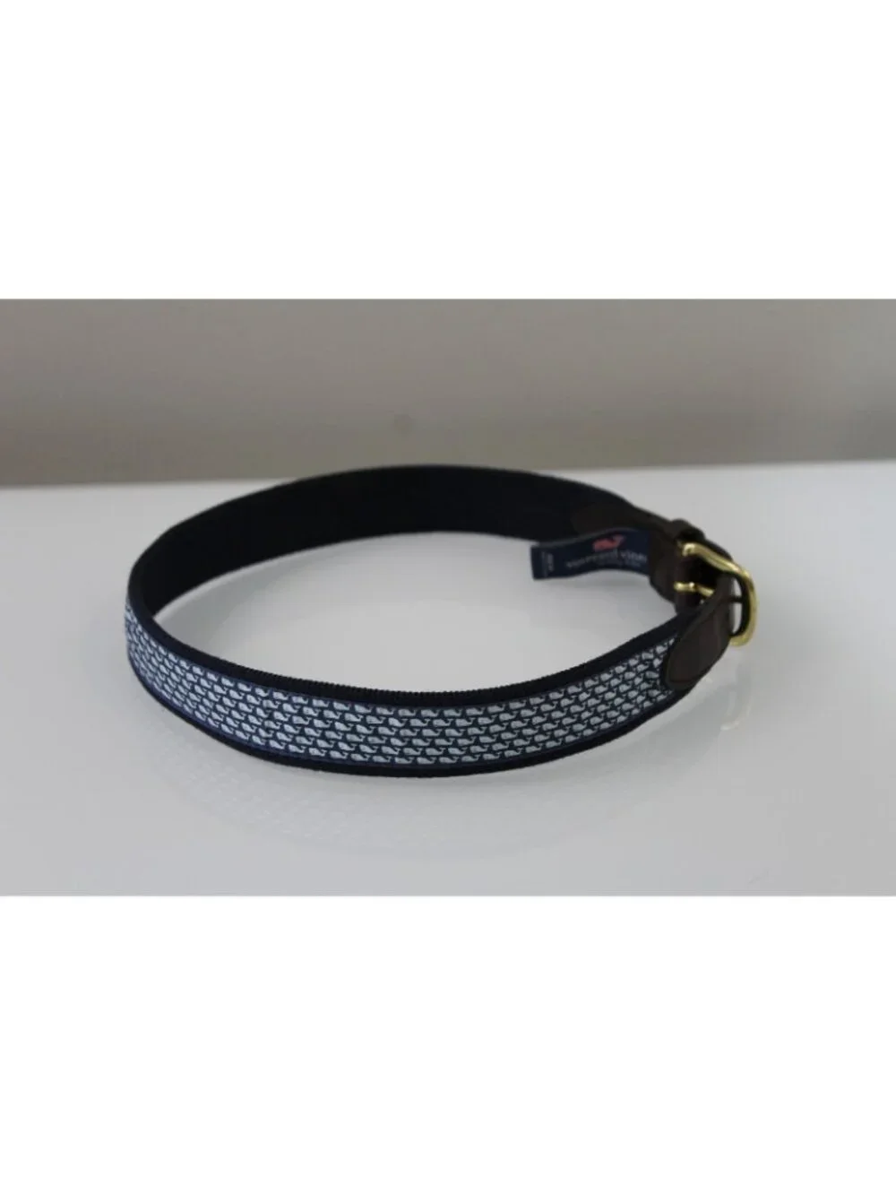 Vineyard Vines Blue Micro Whale Print Canvas Belt Youth 28 Leather Brass Buckle
